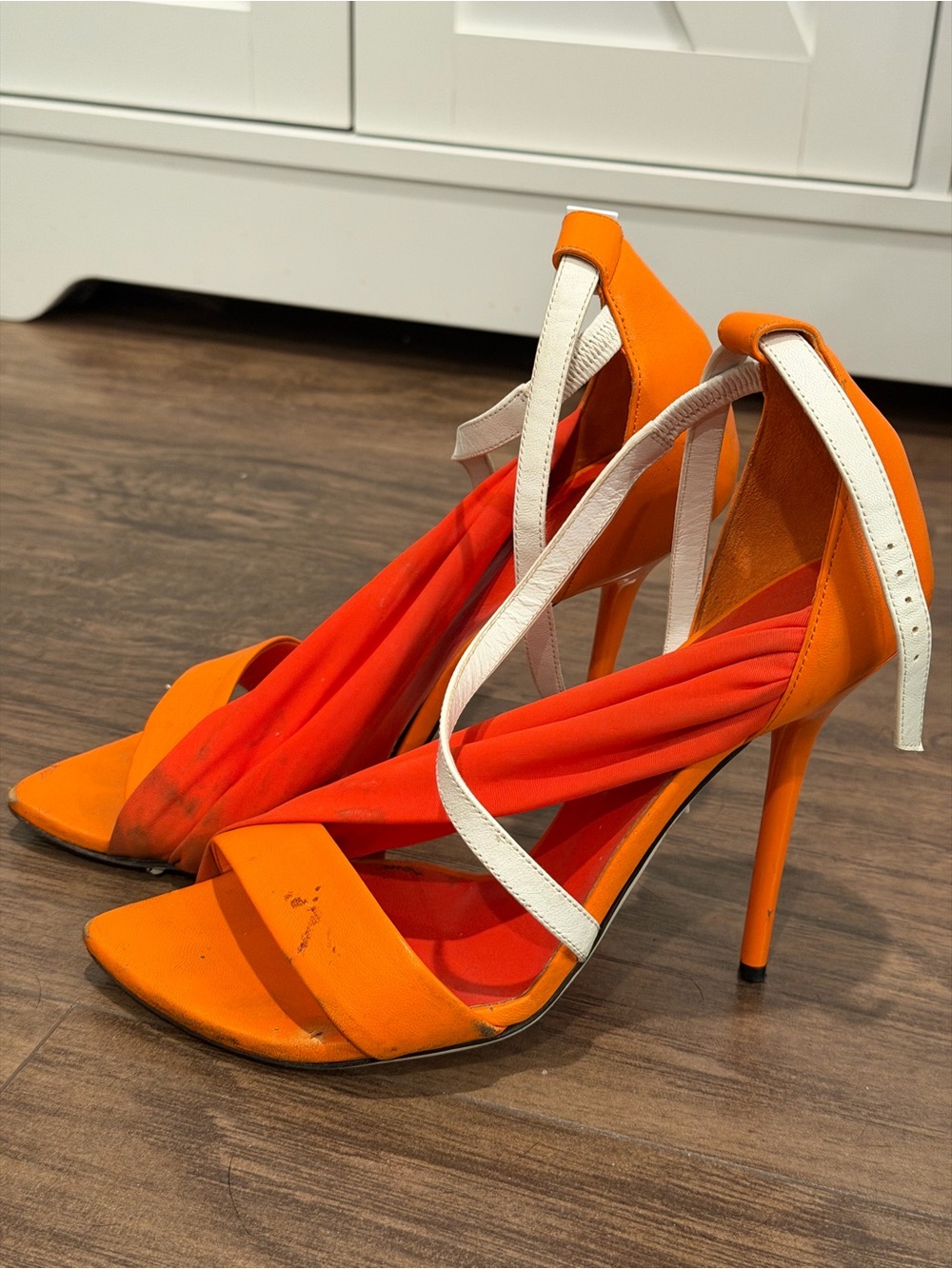 WORN Versace Women's Orange Strappy High Heel Sandals with White Ankle Strap